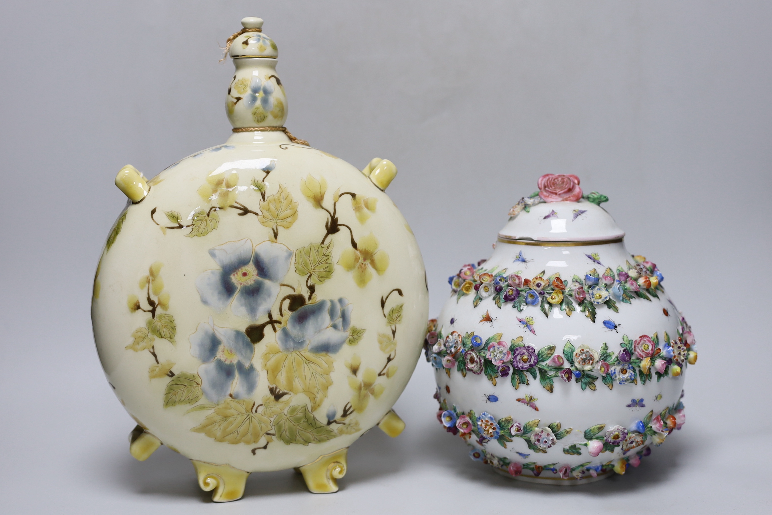 A Zsolnay Pecs pottery moonflask and a Herend porcelain flower encrusted jar and cover, c.1895, tallest 33cm